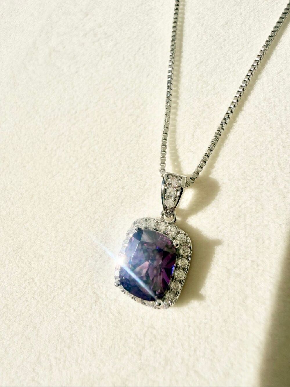 Purple Cushion Cut Cubic Zirconia Halo Pendant Necklace Silver Tone